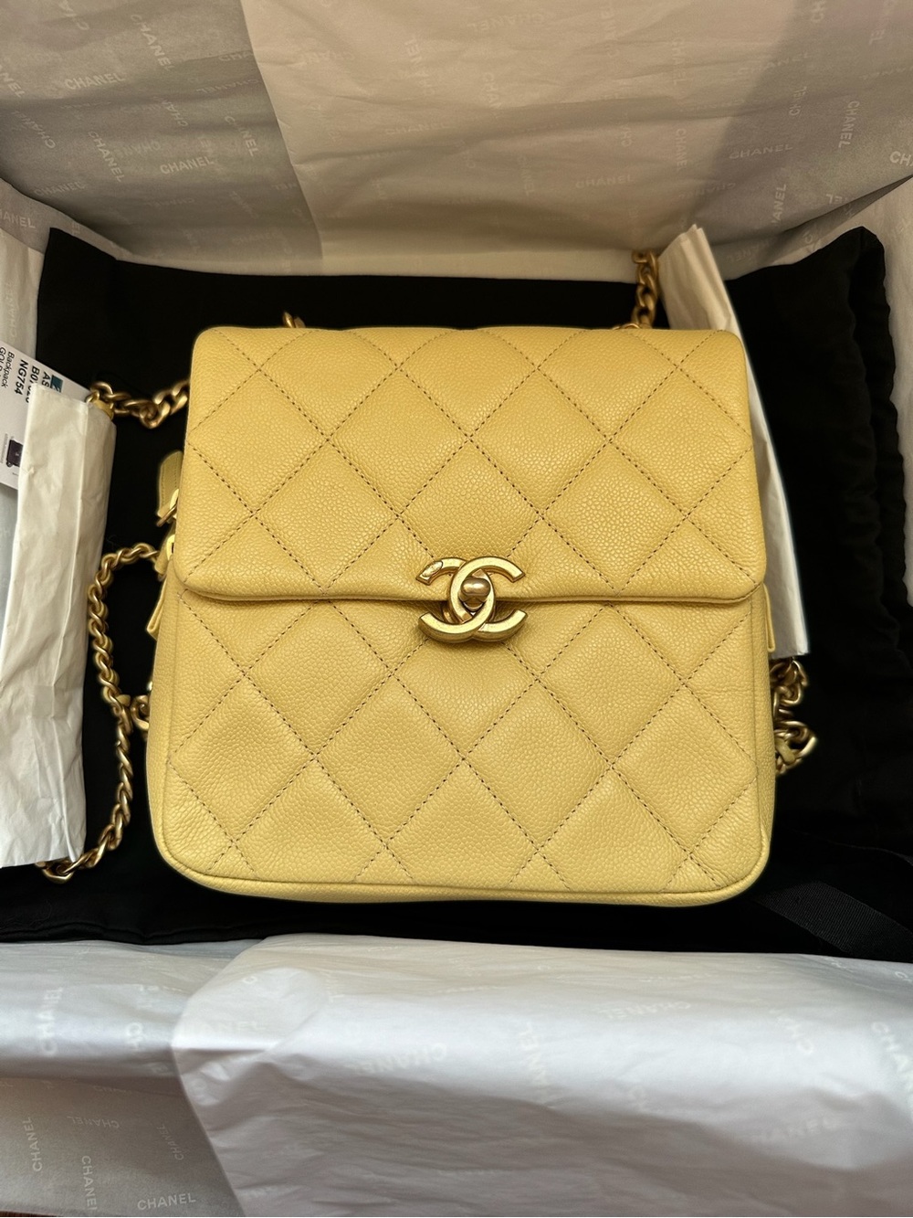 CHANEL Yellow Quilted Backpack Gold Hardware Chain Strap w/ Box & Dust Bag